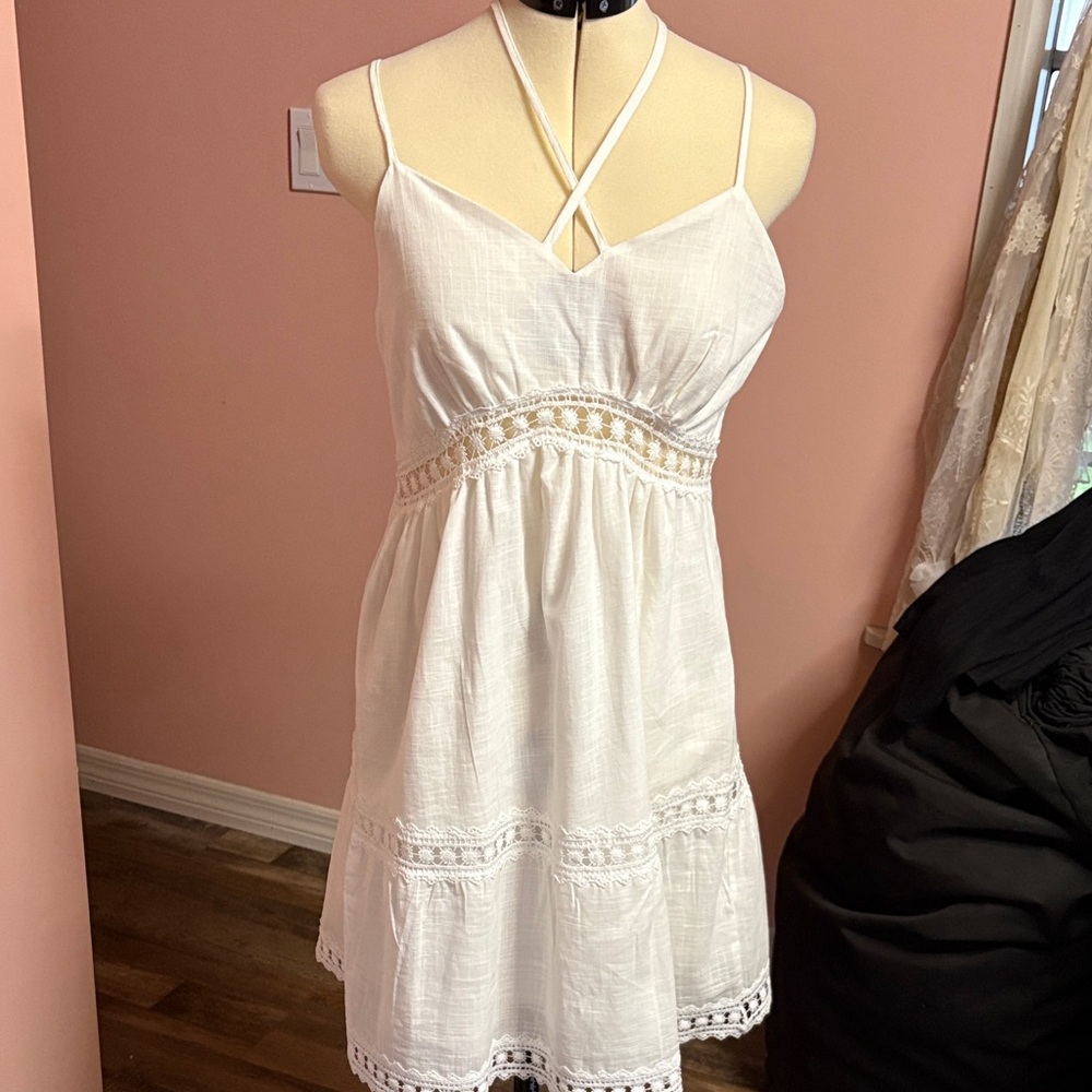 White Strappy Cotton Mini Dress with Eyelet Trim